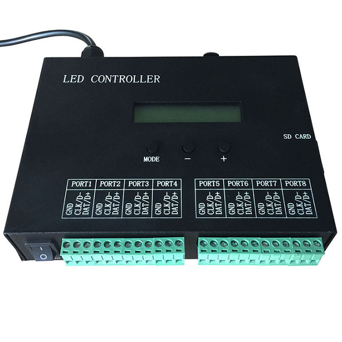 AC86-265V LED controller,full color programmable, DMX512 controller,8 ports drive 8192 pixels,can connect DMX console,support many chips. For LED Strip light